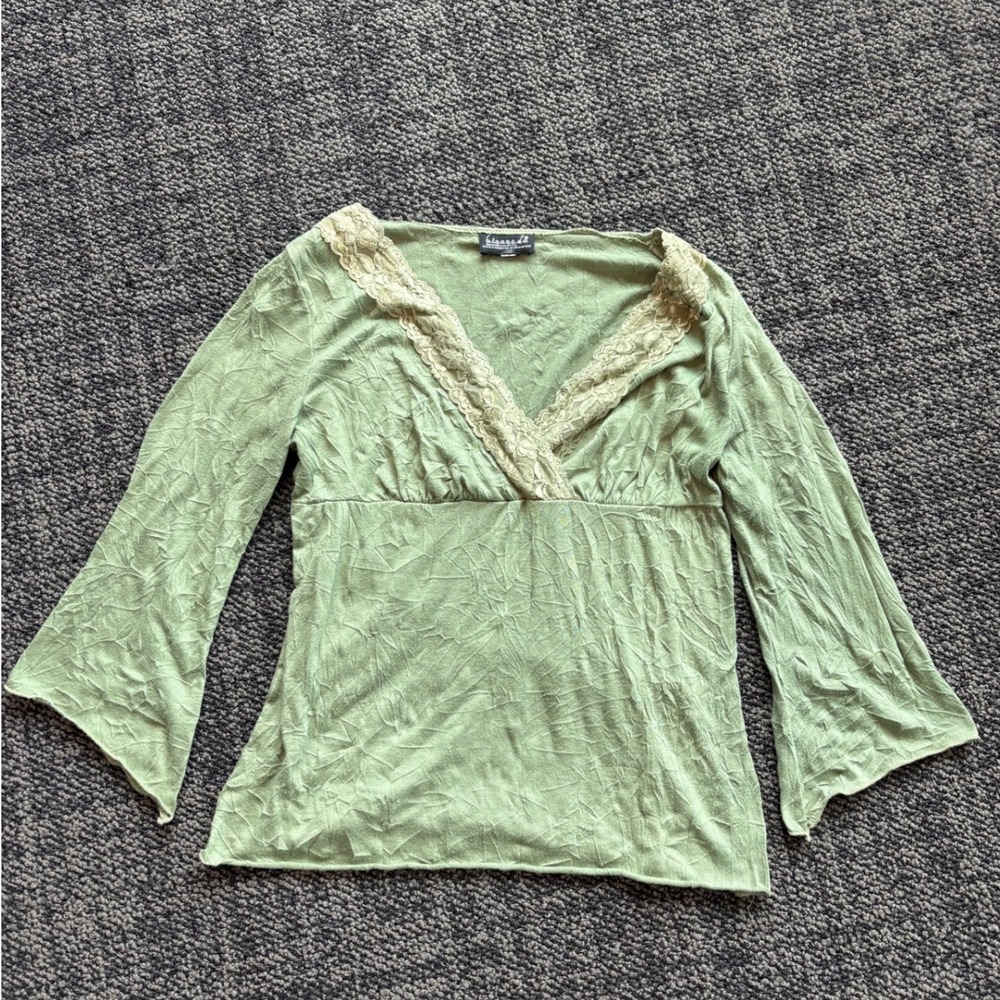 B.I.Y.A.Y.C.D.D. Sage Green Lace Trim Bell Sleeve Crinkle Top Y2K Fairycore